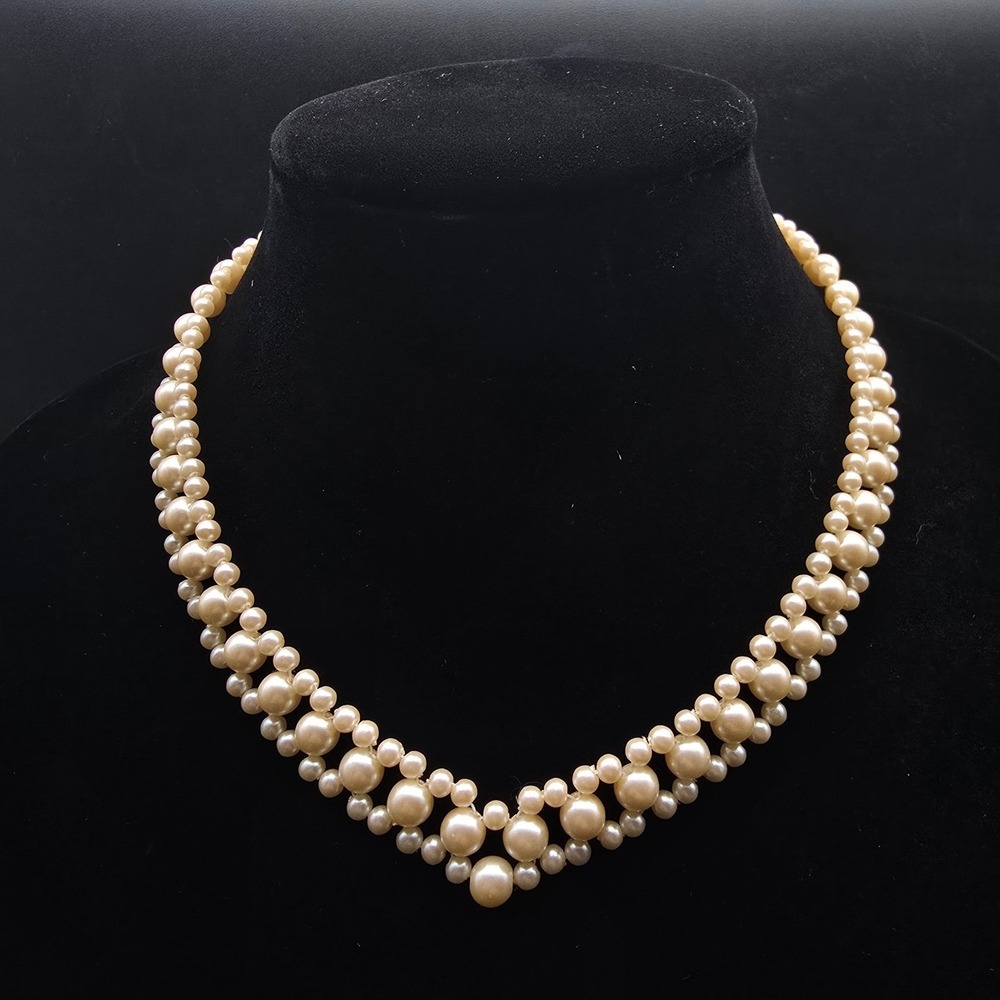 Faux Pearl Woven Beaded Necklace Vintage Costume Jewelry